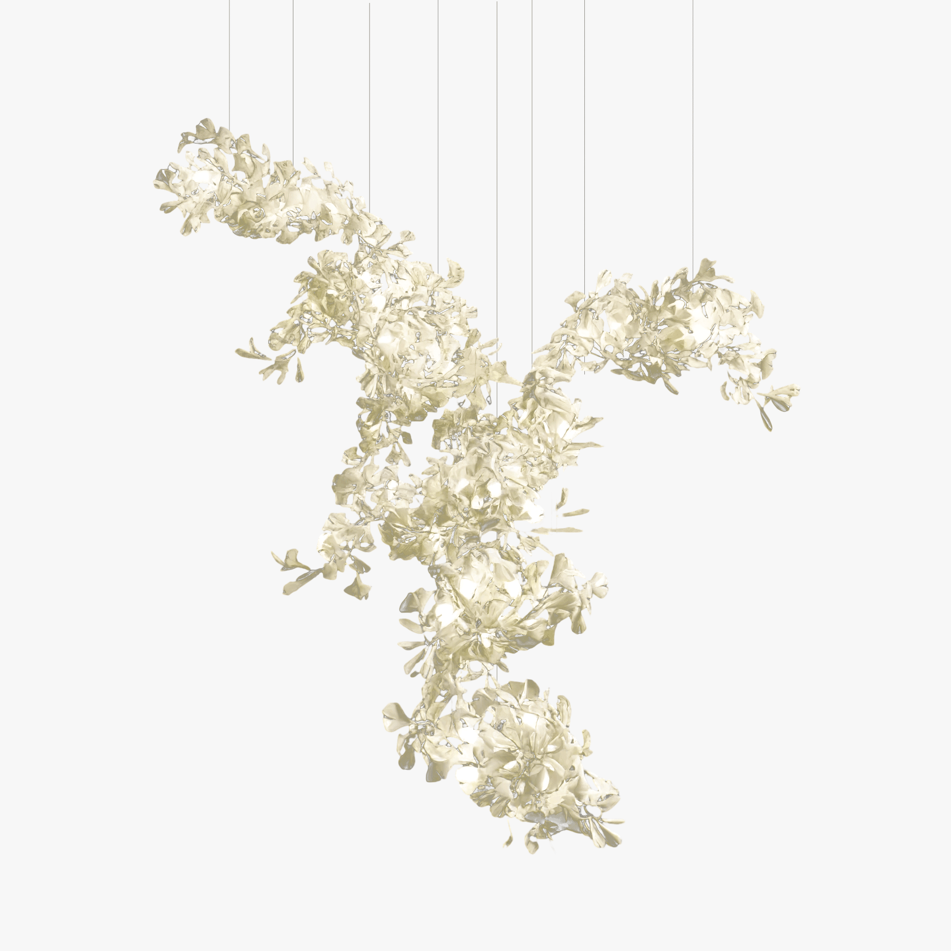 The Clérachic gingko chandelier on white, its leaf clusters suspended on fine cables.