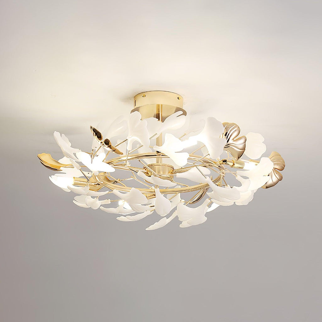 Clérachic gingko flush ceiling light, white and gold leaves layered close to the ceiling.
