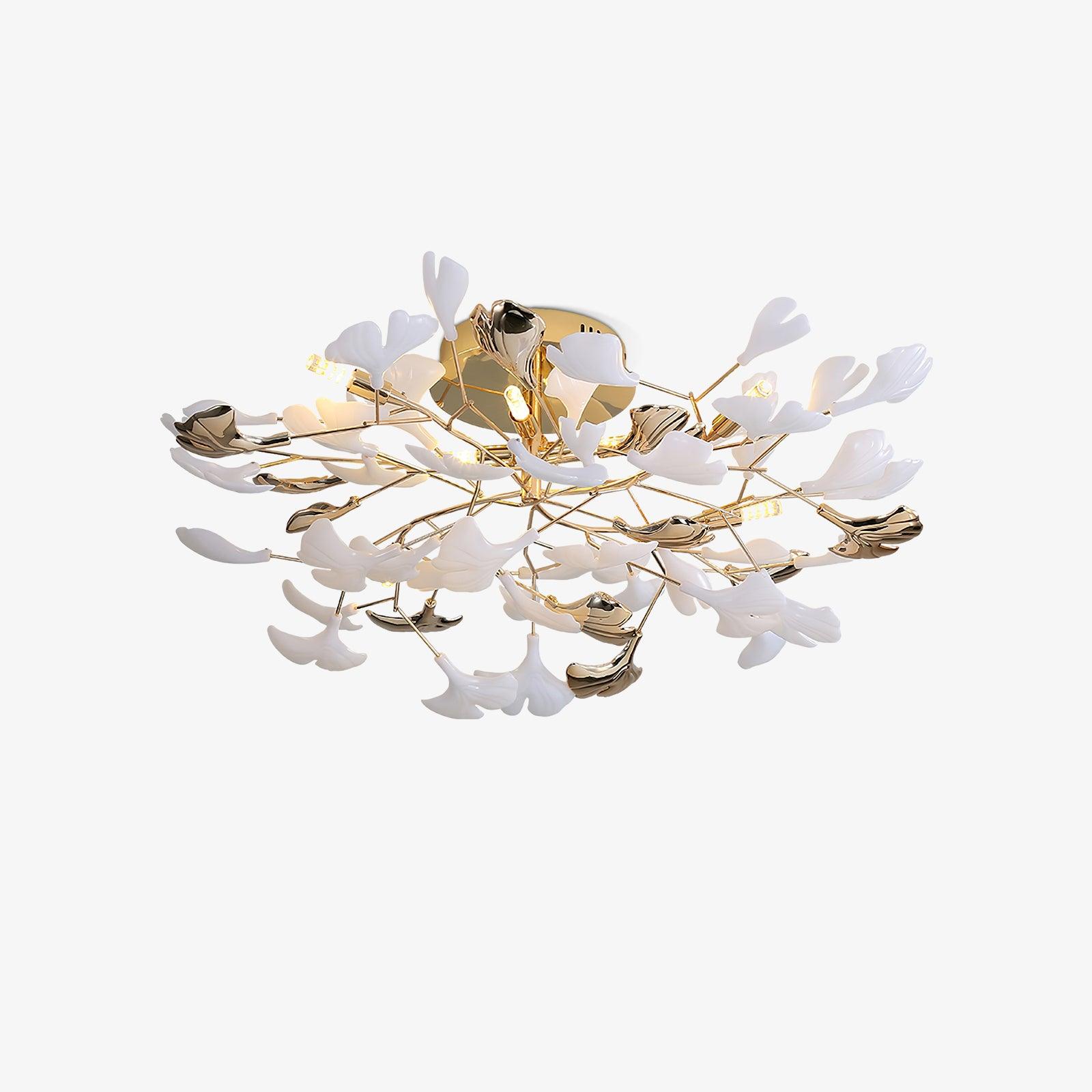 Clérachic gingko ceiling light on white, gold stems radiating with white and gilded leaves.