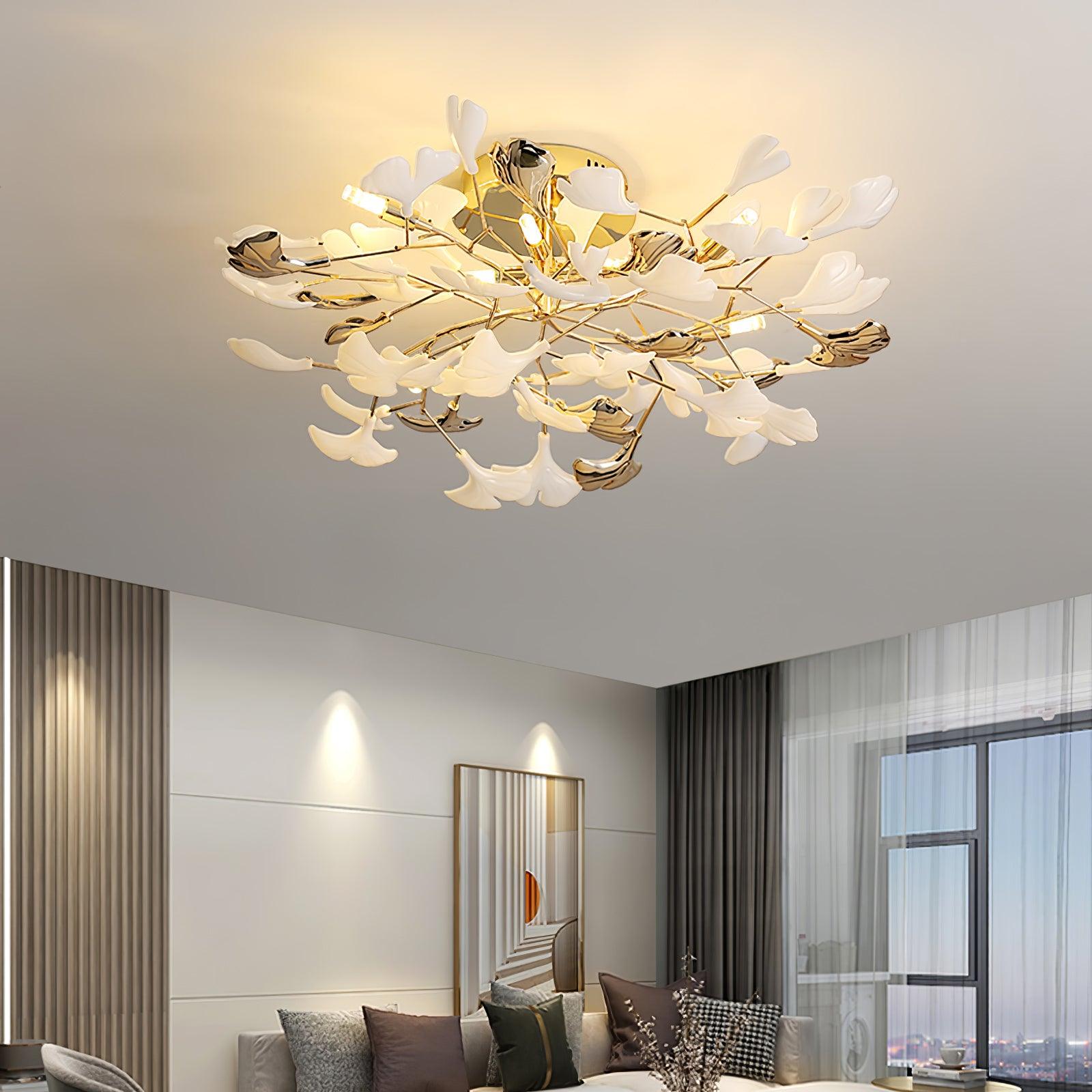 Clérachic gingko ceiling light lit in a bedroom with sheer curtains and a city view.