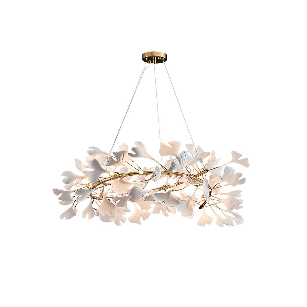 Clérachic gingko chandelier at a larger size, porcelain leaves layered around the ring.