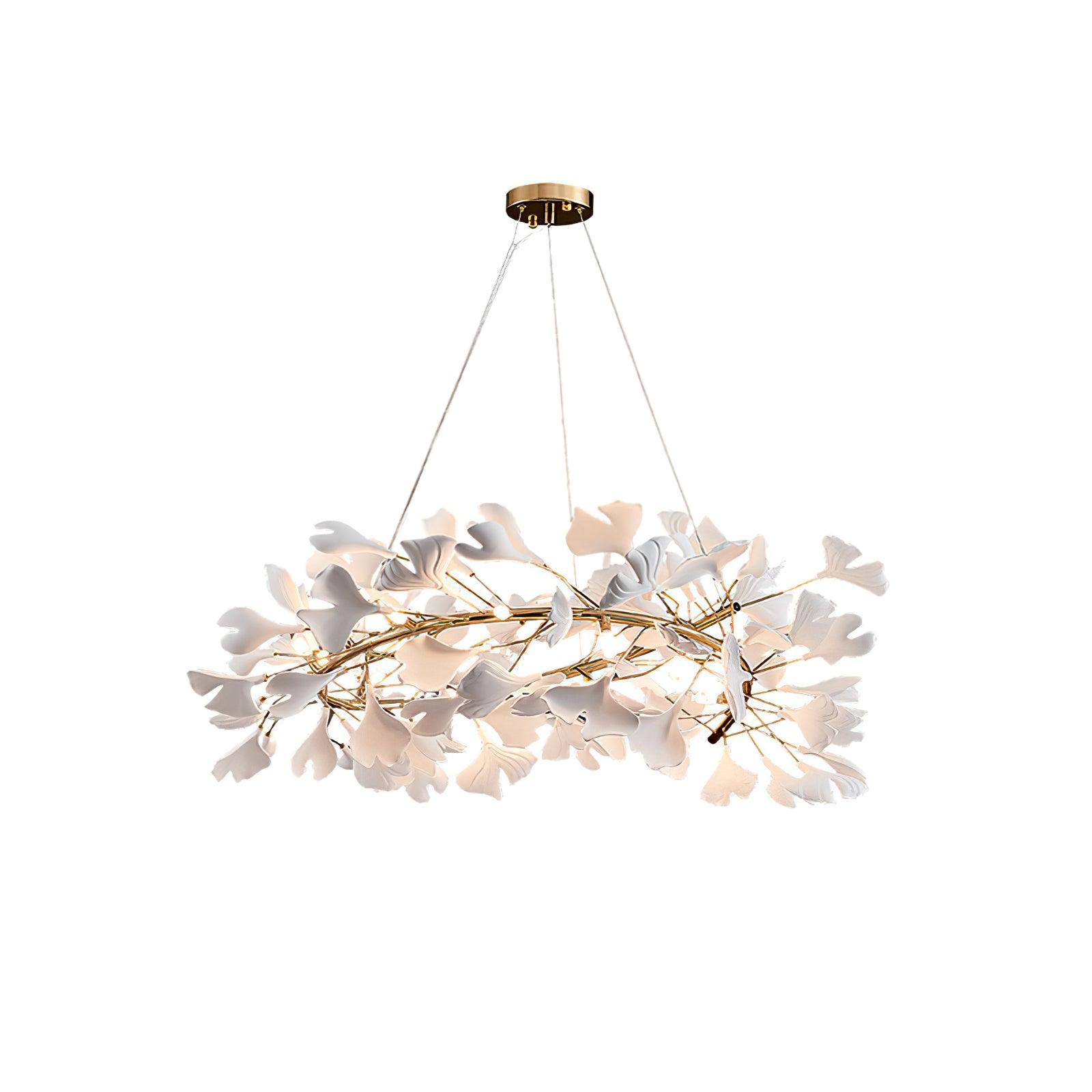 Clérachic gingko chandelier at a larger size, porcelain leaves layered around the ring.