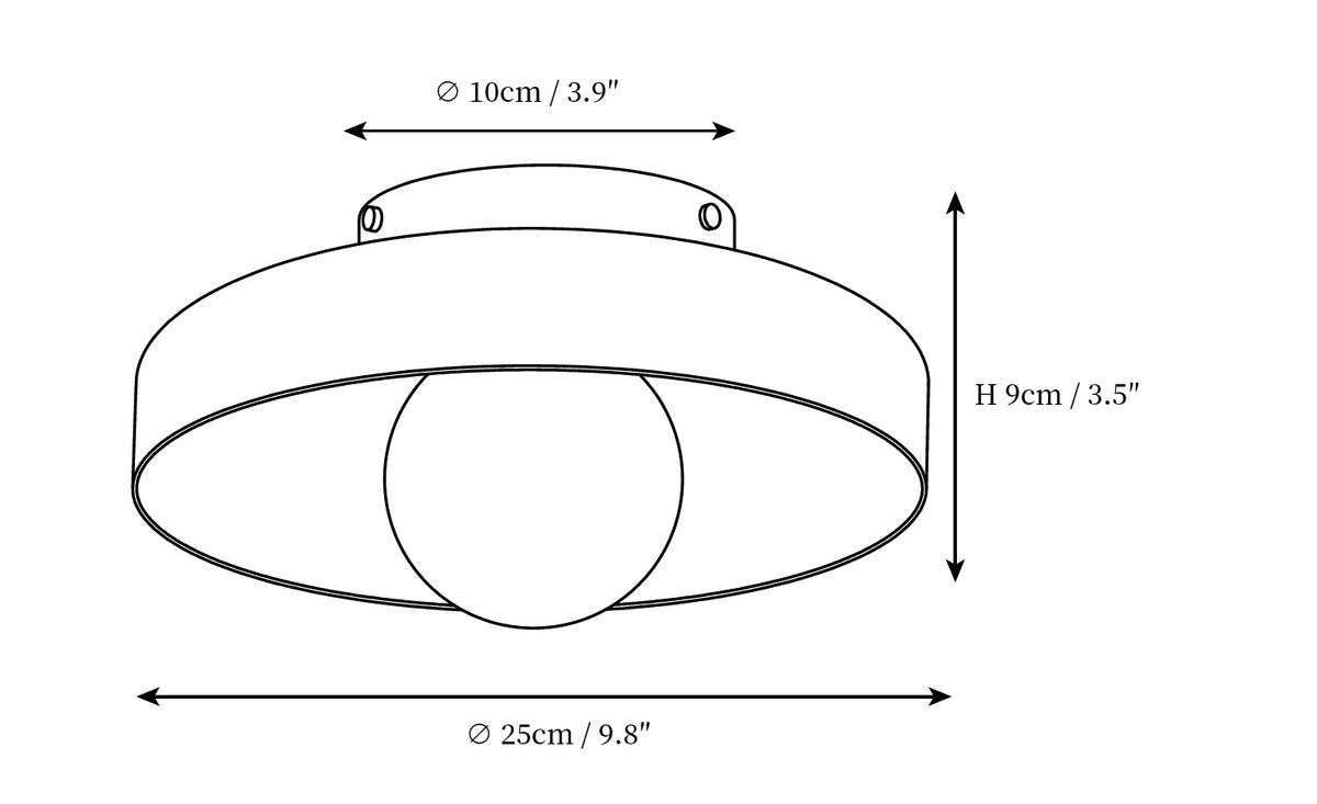 Dimension drawing of the gino ceiling lamp, in outline against white.