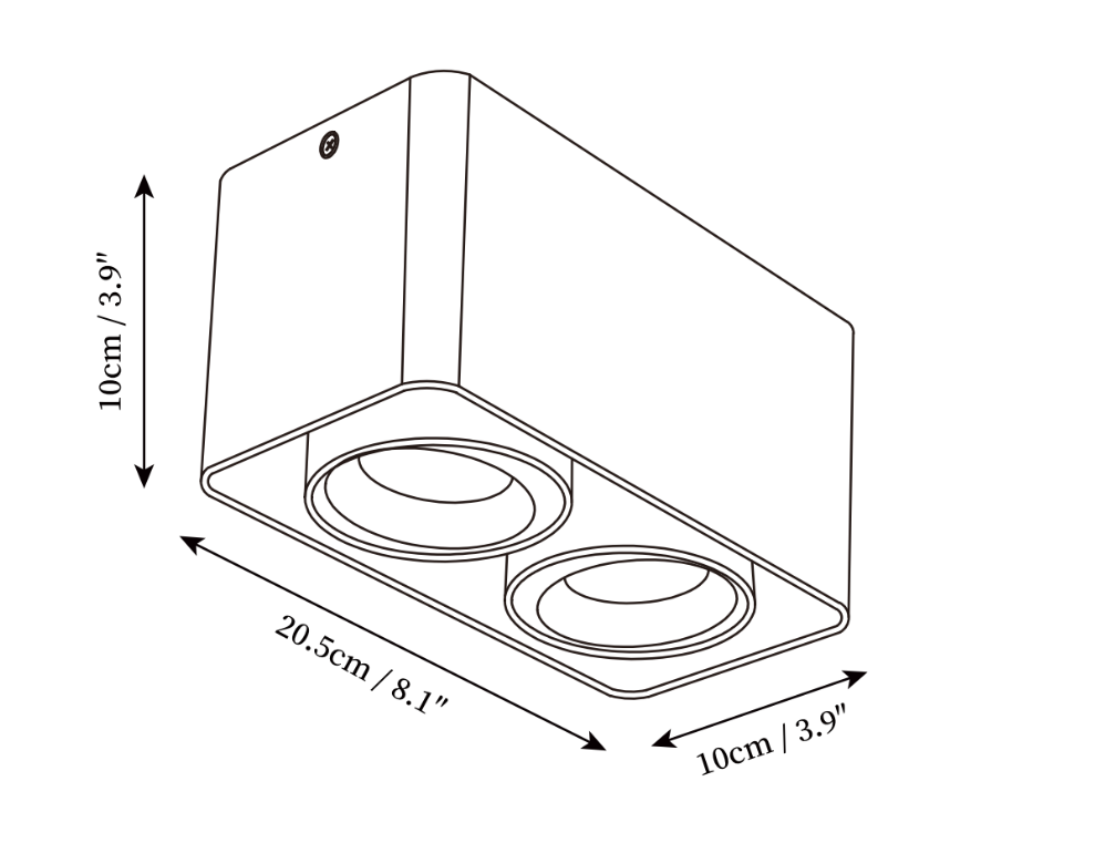 Dimension drawing of the giyan surface spotlight, in outline against white.