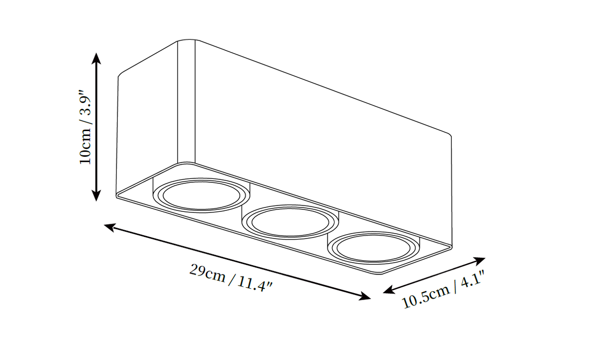 Dimension drawing of the giyan surface spotlight, in outline against white.