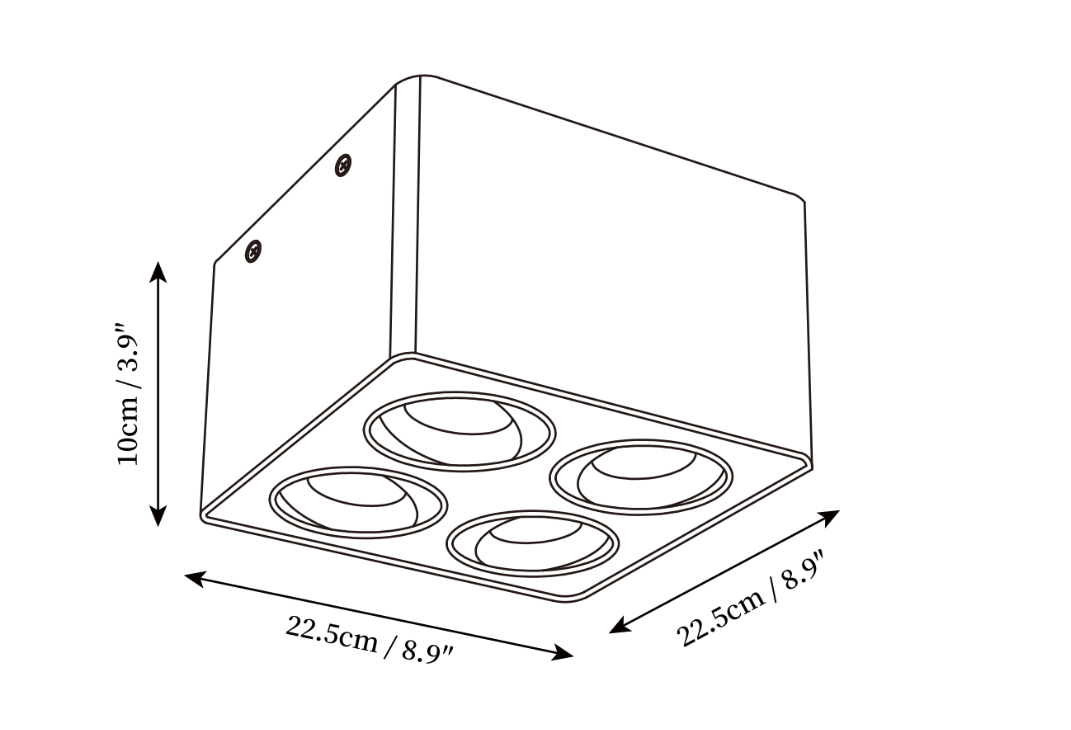 Dimension drawing of the giyan surface spotlight, in outline against white.