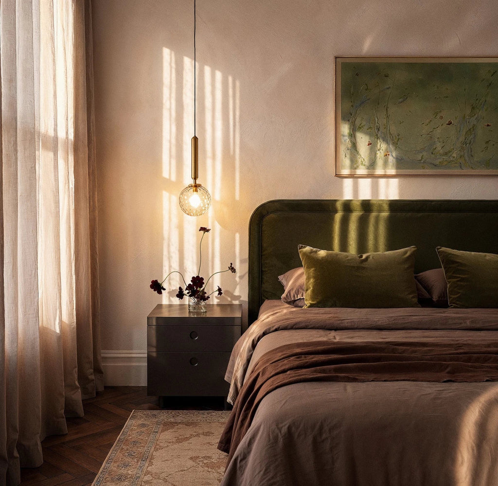 Clérachic single gold pendant with a clear faceted globe glowing beside a bed with a green velvet headboard and nightstand.