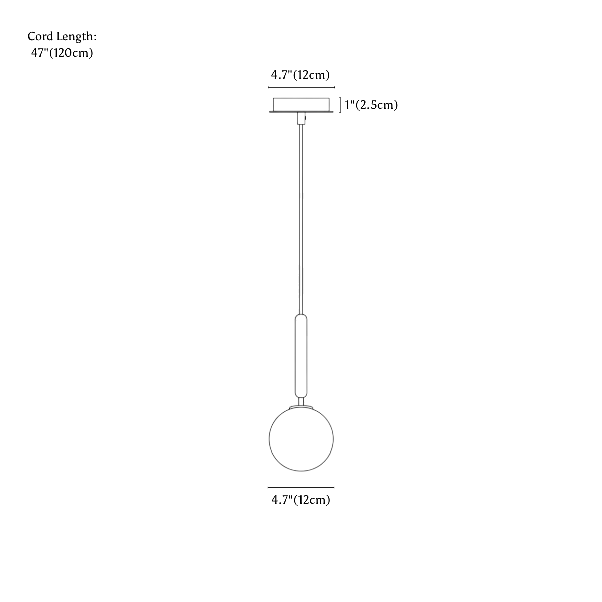 Clérachic pendant light dimension drawing, 1 head, every measurement marked in centimetres and inches.