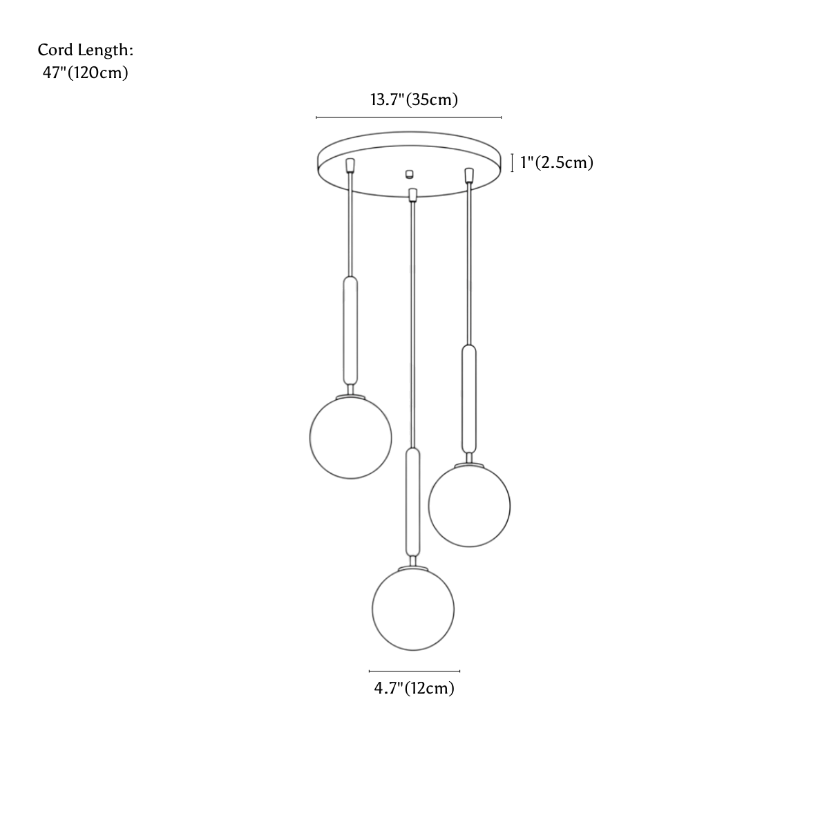 Clérachic pendant light dimension drawing, round, 3 heads, every measurement marked in centimetres and inches.