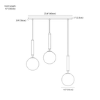 Clérachic pendant light dimension drawing, linear, 3 heads, every measurement marked in centimetres and inches.