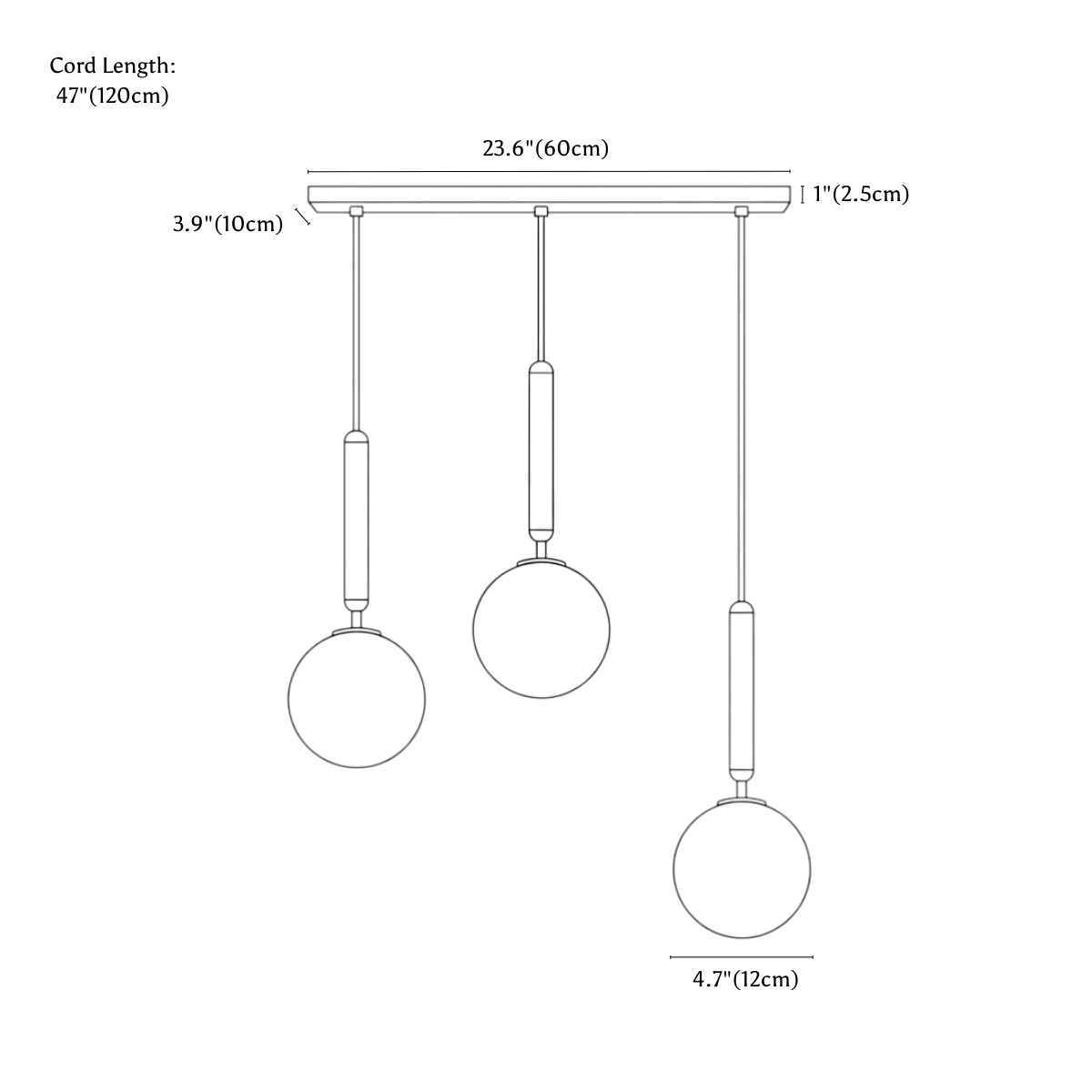 Clérachic pendant light dimension drawing, linear, 3 heads, every measurement marked in centimetres and inches.