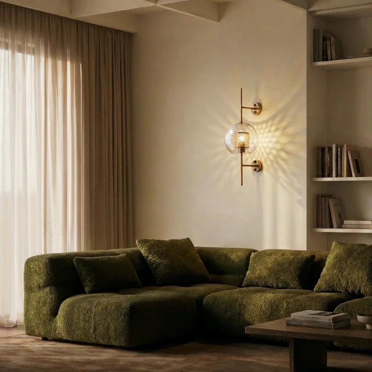 Clérachic wall lamp in its globe shade, lit above a green boucle sectional in a book-lined living room corner.
