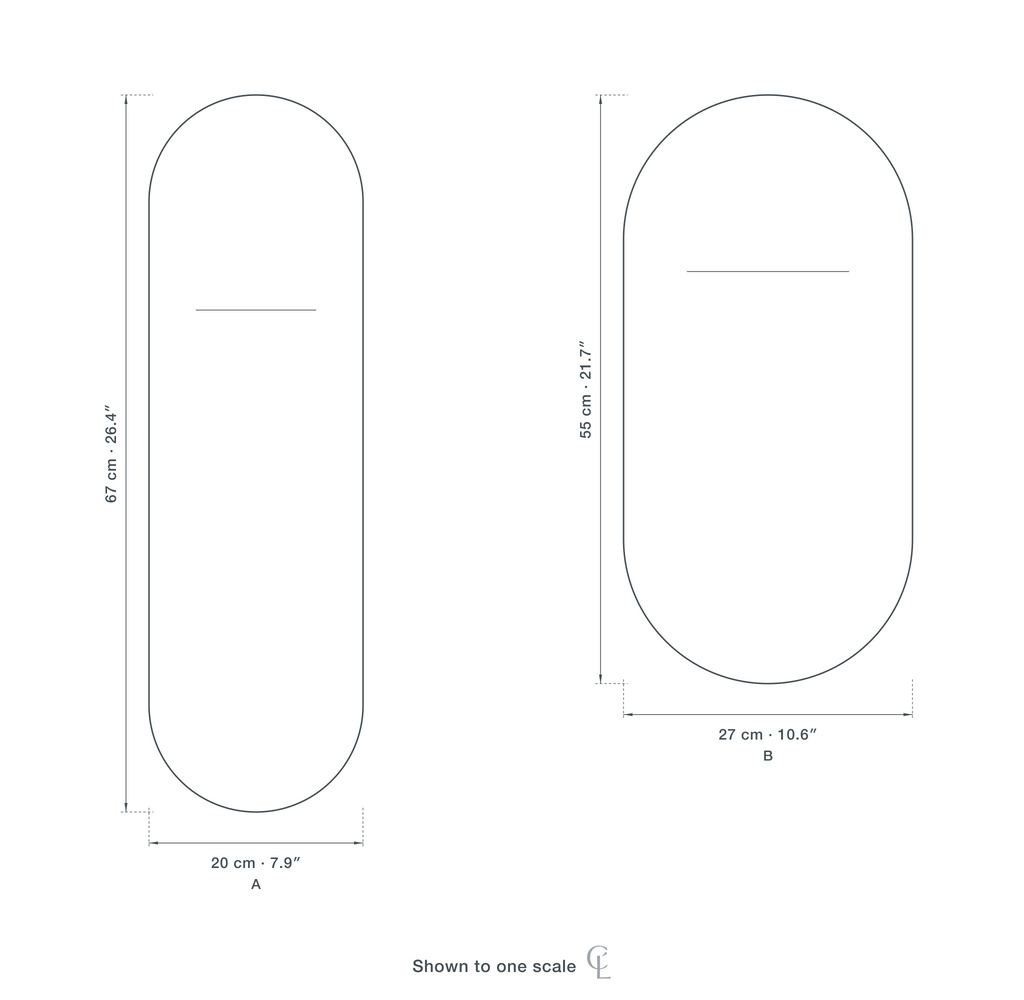 Technical dimension drawing of the Glass Capsule Wall Light in both sizes — A 20 × 67 cm (7.9 × 26.4″) and B 27 × 55 cm (10.6 × 21.7″), drawn to one scale.