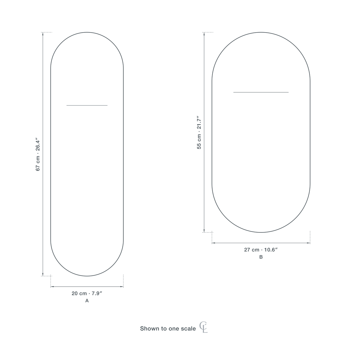 Technical dimension drawing of the Glass Capsule Wall Light in both sizes — A 20 × 67 cm (7.9 × 26.4″) and B 27 × 55 cm (10.6 × 21.7″), drawn to one scale.