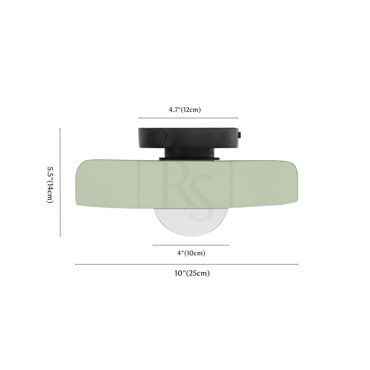 Clérachic ceiling light dimension drawing, 25 cm, every measurement marked in centimetres and inches.