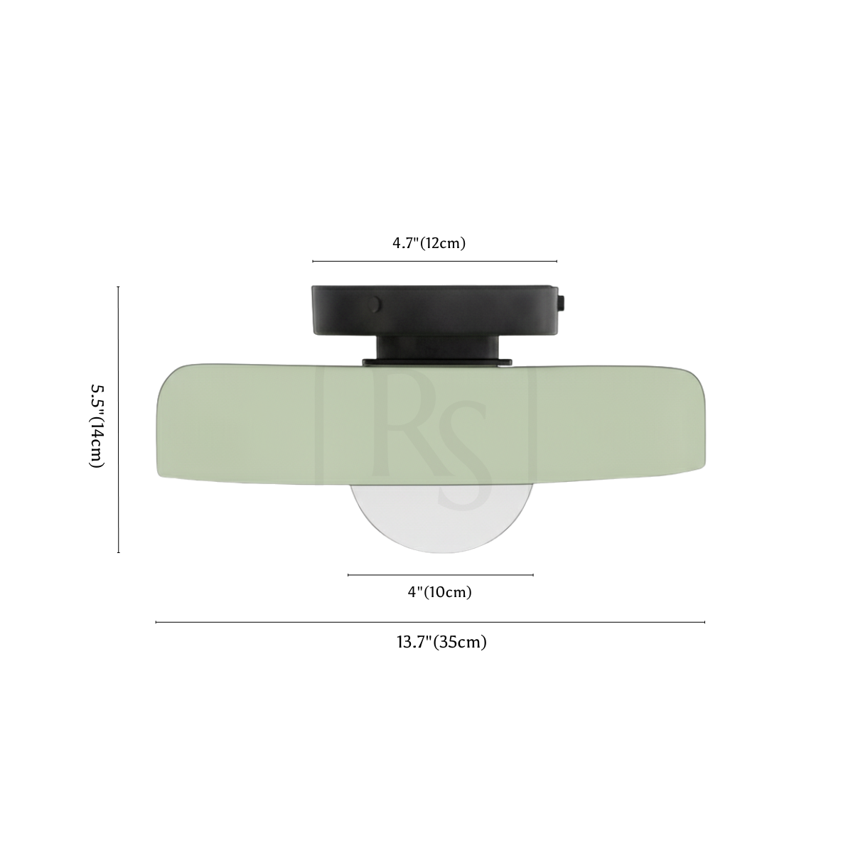Clérachic ceiling light dimension drawing, 35 cm, every measurement marked in centimetres and inches.