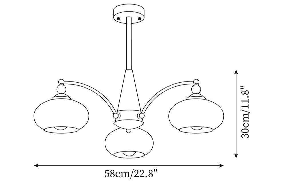 Clérachic chandelier dimension drawing, 1 of 3, every measurement marked in centimetres and inches.