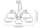 Clérachic chandelier dimension drawing, 2 of 3, every measurement marked in centimetres and inches.
