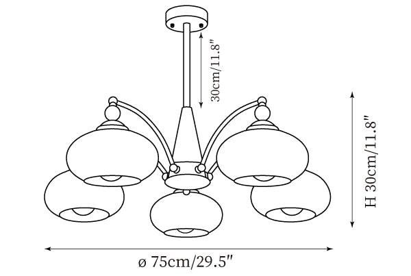Clérachic chandelier dimension drawing, 2 of 3, every measurement marked in centimetres and inches.