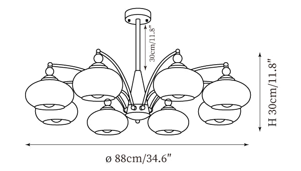 Clérachic chandelier dimension drawing, 3 of 3, every measurement marked in centimetres and inches.