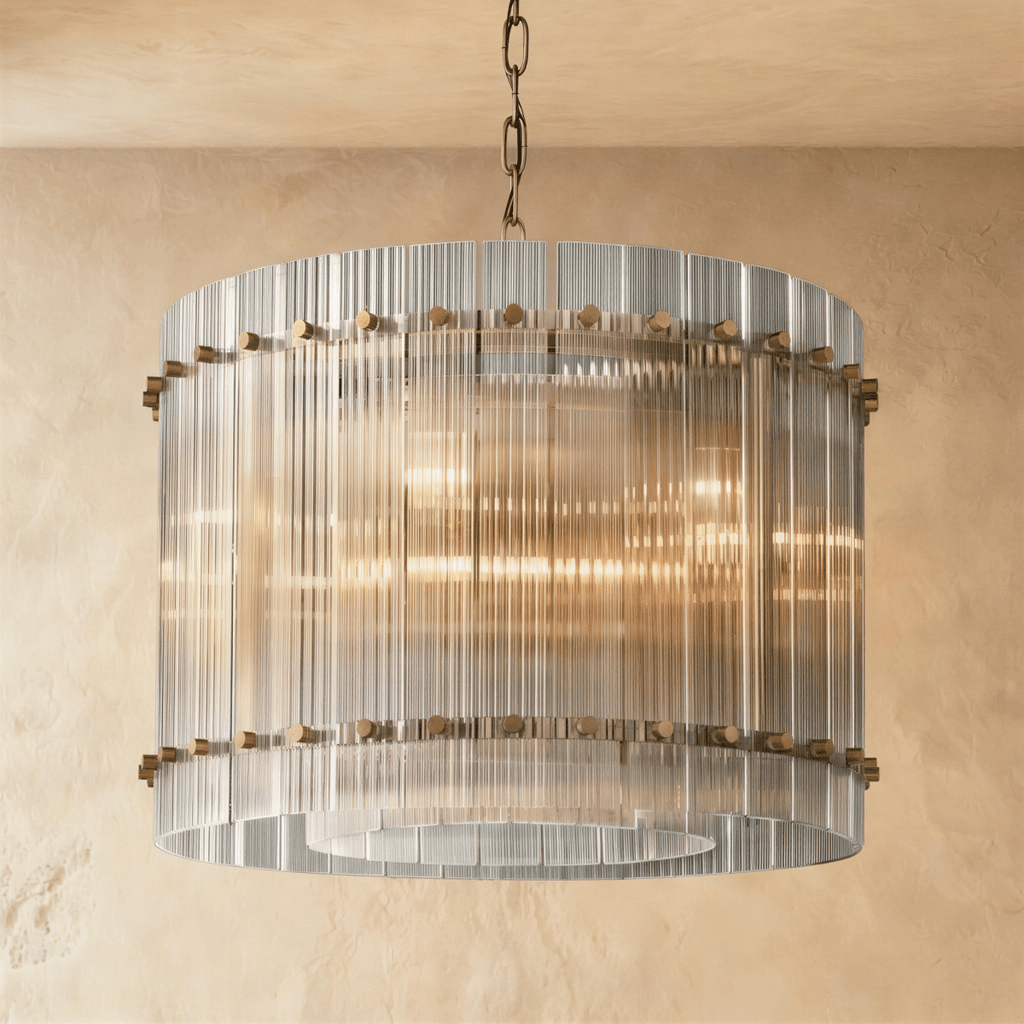 Clérachic compact drum chandelier of clear fluted glass rods with antiqued brass studs on a chain, glowing against warm plaster.