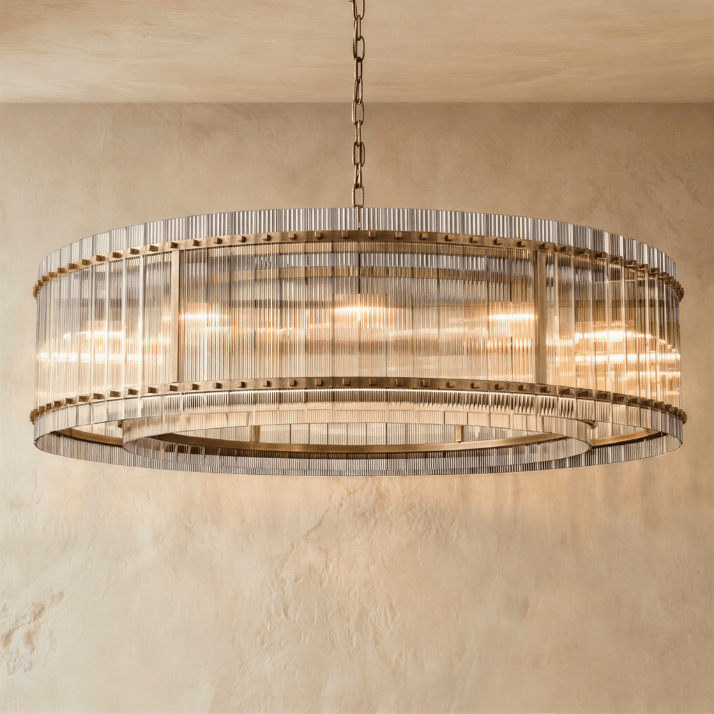 Clérachic widest drum chandelier of fluted glass rods with antiqued brass studs and a tiered inner ring, lit warm on a chain.