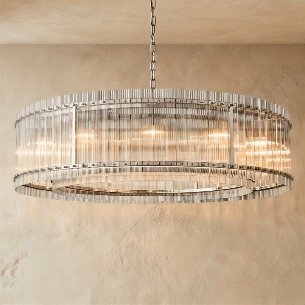 Clérachic widest drum chandelier of fluted glass rods with polished nickel studs and a tiered inner ring on a chain.