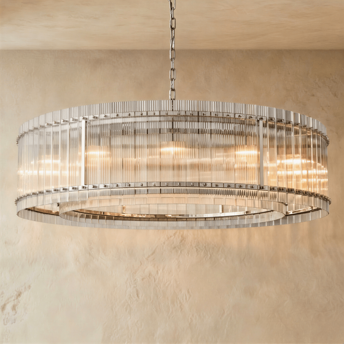 Clérachic widest drum chandelier of fluted glass rods with polished nickel studs and a tiered inner ring on a chain.