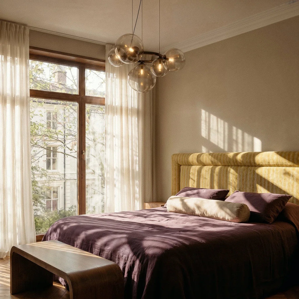 Clérachic globe cluster chandelier in Clear Glass glows above a bed, its bulbs visible through clear spheres.