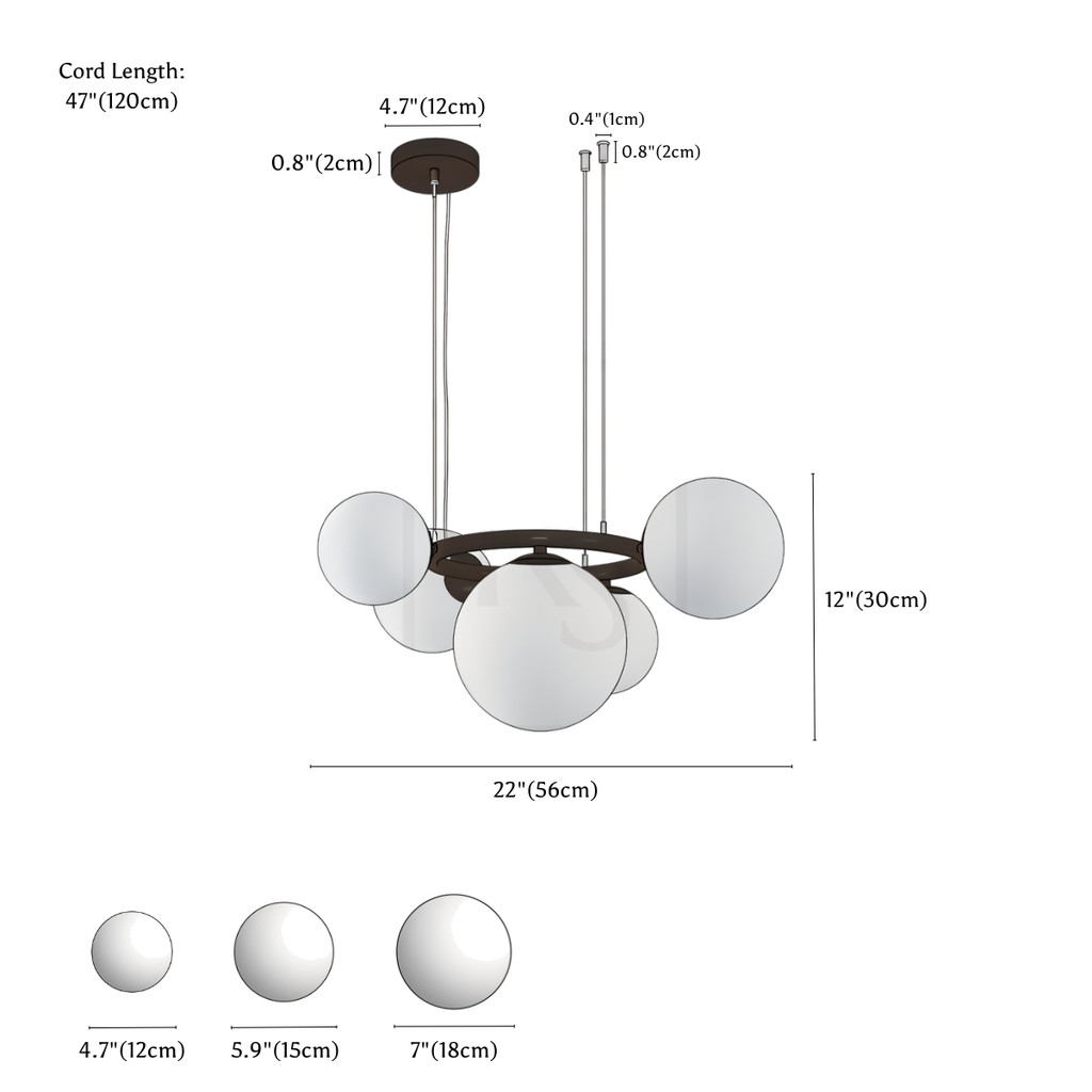 Clérachic chandelier dimension drawing, 5 Heads 22 56 cm × 11.8 30 cm, every measurement marked in centimetres and inches.