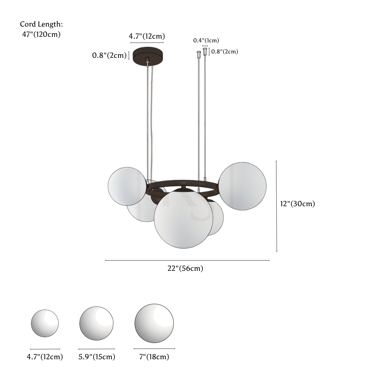 Clérachic chandelier dimension drawing, 5 Heads 22 56 cm × 11.8 30 cm, every measurement marked in centimetres and inches.