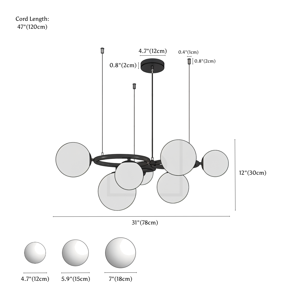 Clérachic chandelier dimension drawing, 7 Heads 30.7 78 cm × 11.8 30 cm, every measurement marked in centimetres and inches.