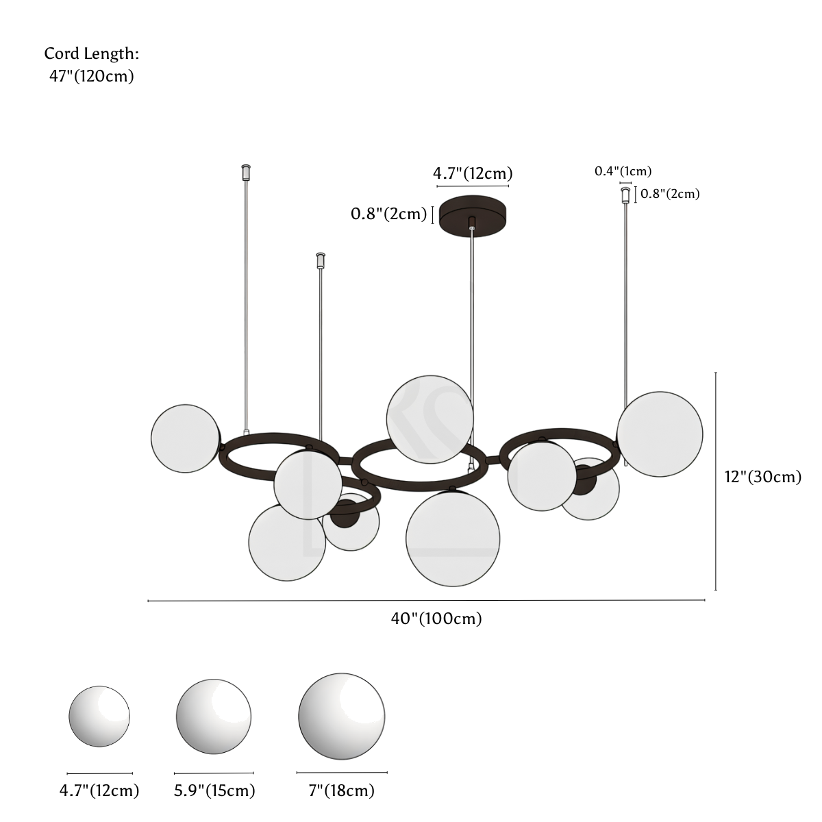 Clérachic chandelier dimension drawing, 3 of 3, every measurement marked in centimetres and inches.
