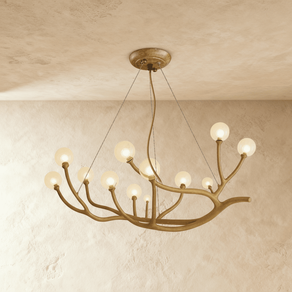 Clérachic branch chandelier, frosted glass globes glowing warm across a wider spread of bronze branches.