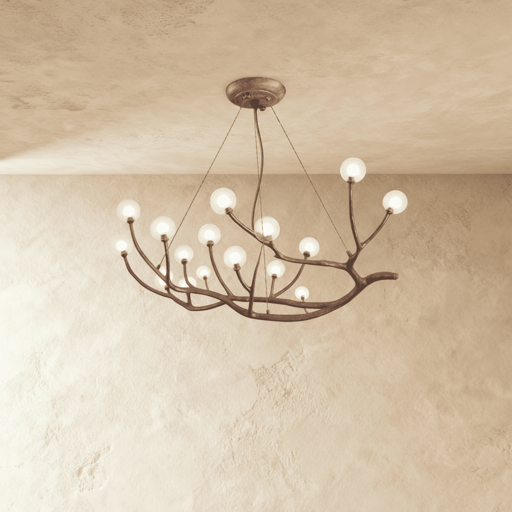 Clérachic branch chandelier with frosted glass globes lit warm, its bronze branches curving low from the ceiling.