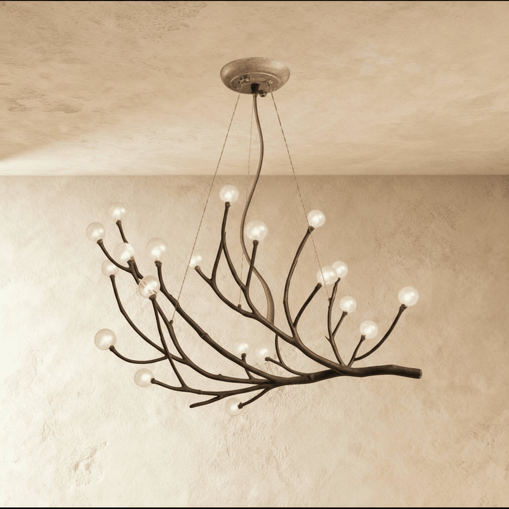 Clérachic branch chandelier in clear glass globes, unlit, its bronze branches spread wide against a plaster wall.