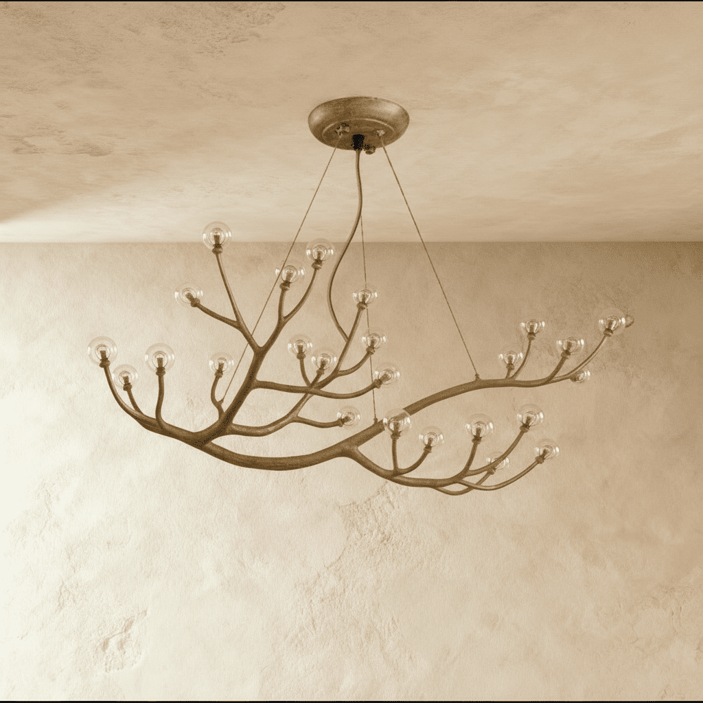 Clérachic branch chandelier with clear glass globes, unlit, a dense spread of bronze branches from the ceiling.
