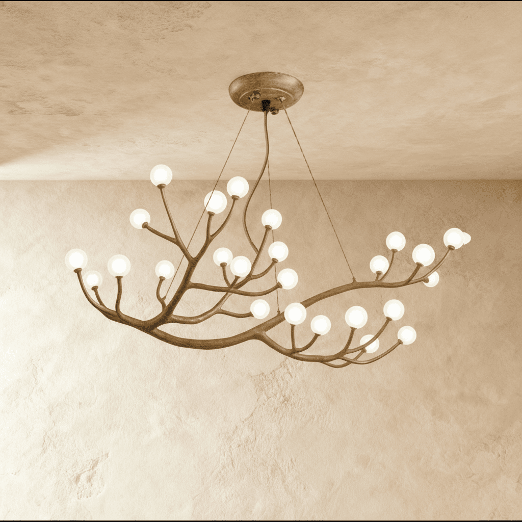 Clérachic branch chandelier densely set with frosted glass globes, lit warm across sweeping bronze branches.