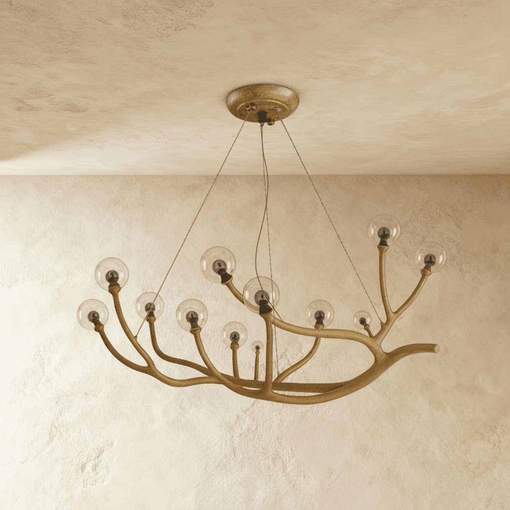 Clérachic branch chandelier in clear glass globes lit warm, bronze branches reaching from a plaster ceiling.