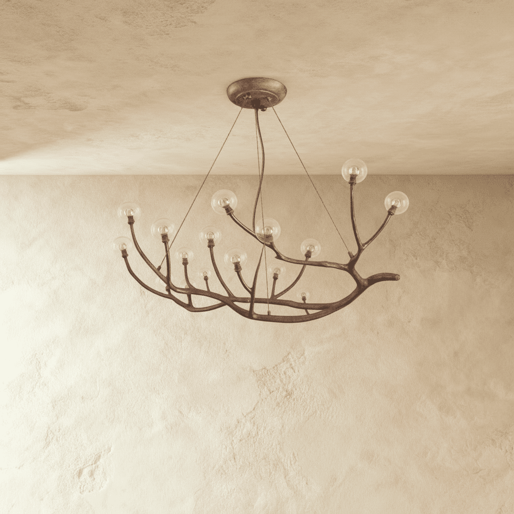 Clérachic branch chandelier in dark bronze with clear glass globes lit warm along its branching arms.