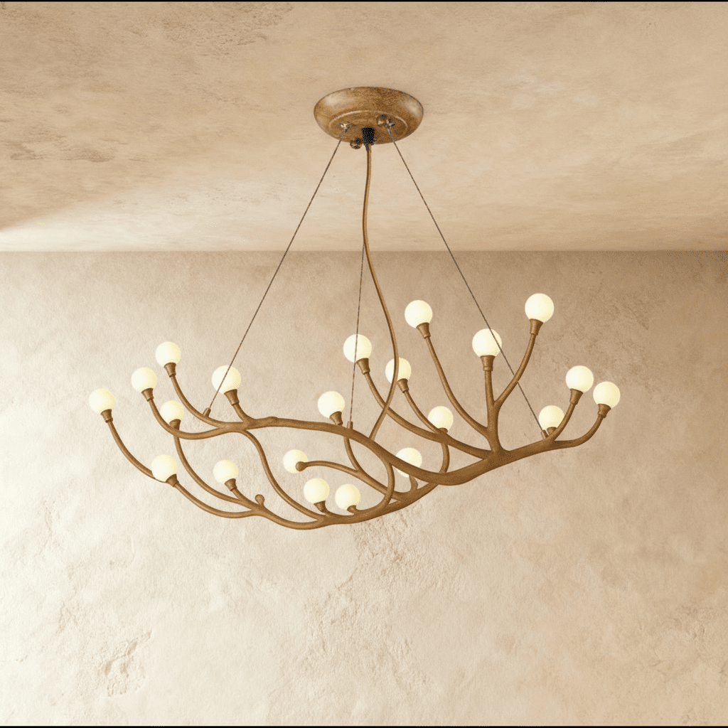 Clérachic branch chandelier densely set with frosted glass globes lit warm, bronze branches spread wide.