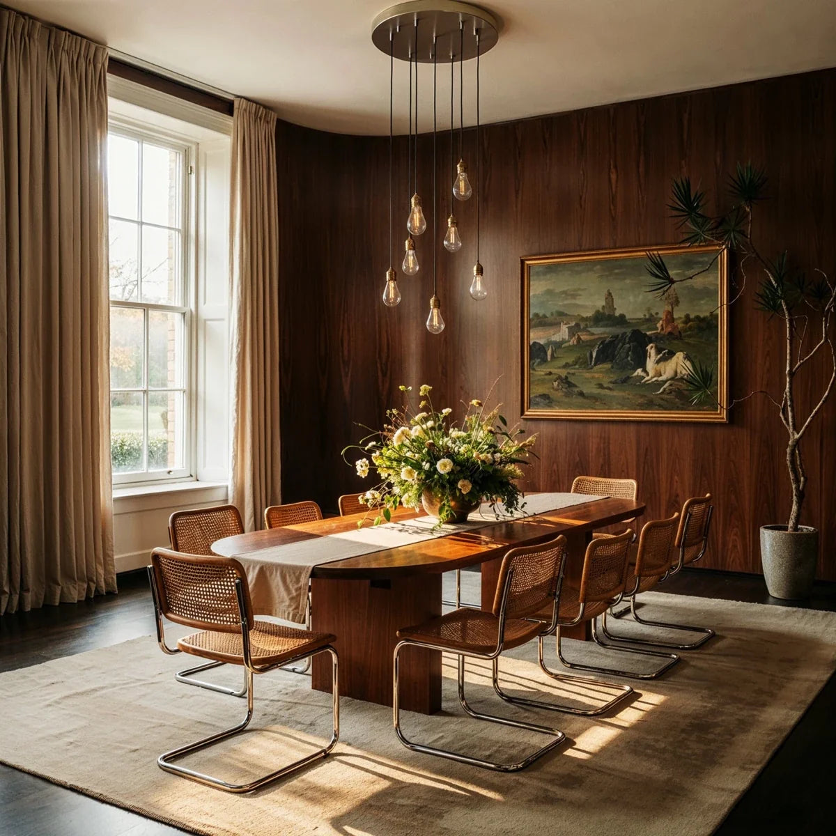 Clérachic chandelier of seven glass drops over a walnut dining table with cane chairs, in a panelled room with tall windows