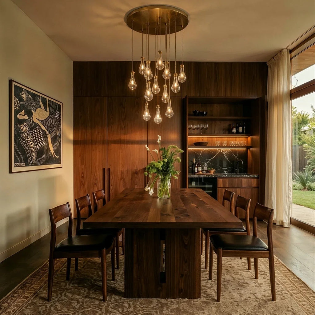 Clérachic cascade chandelier with brass canopy and clear glass bulbs above a walnut dining table beside a marble bar niche