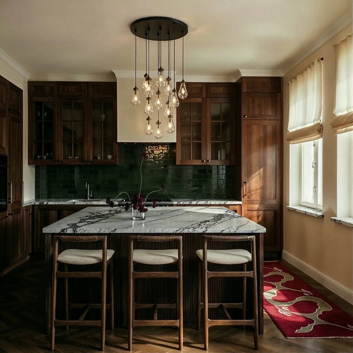 Clérachic chandelier with a round dark canopy and clear glass bulbs hanging above a marble kitchen island with three wooden stools