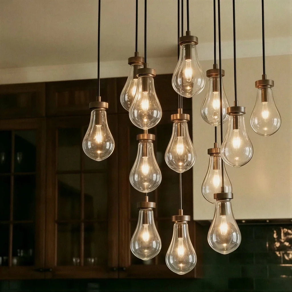 Close view of Clérachic chandelier bulbs in clear glass with bronze caps, glowing warm against dark wooden cabinets