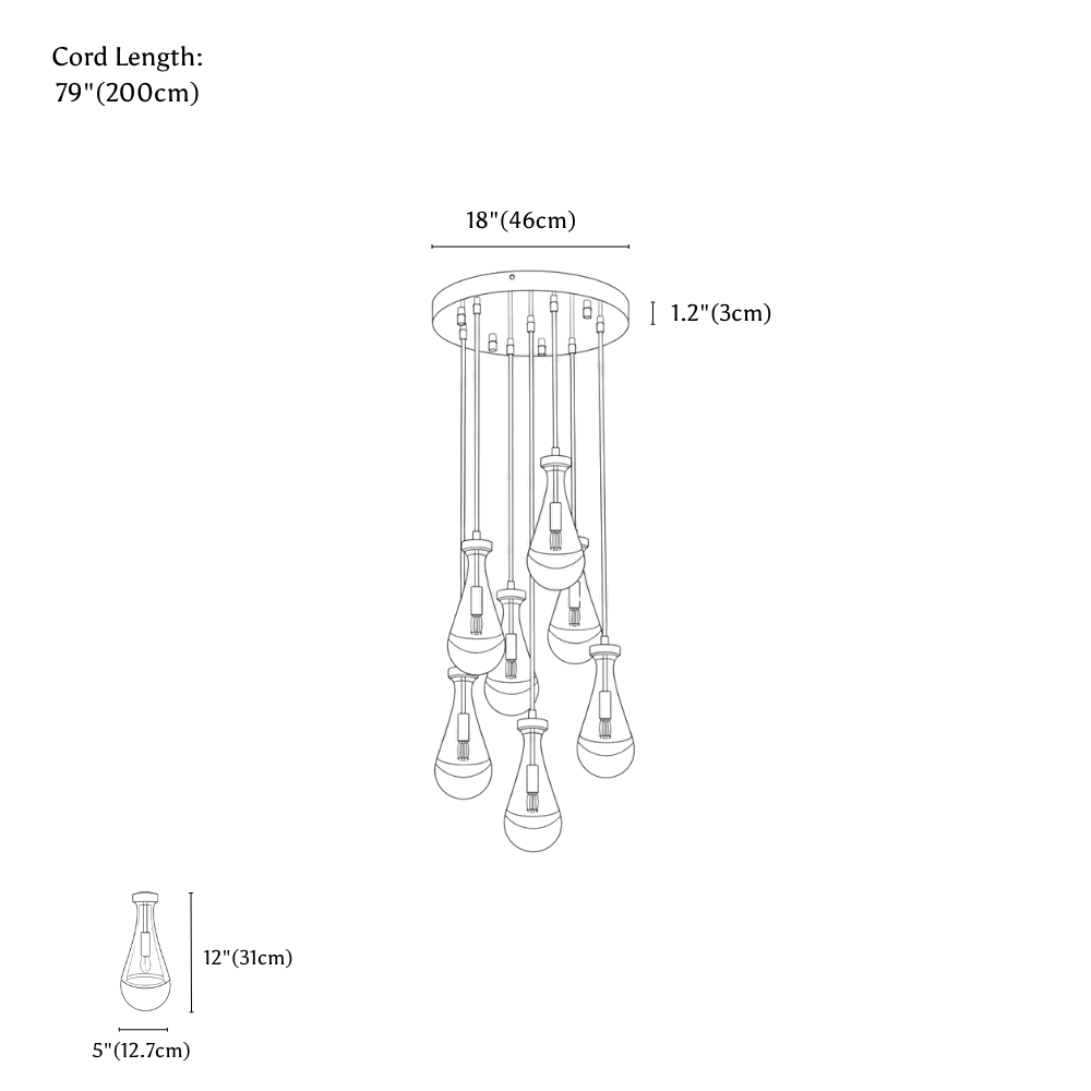 Clérachic chandelier dimension drawing, 7 Heads, every measurement marked in centimetres and inches.