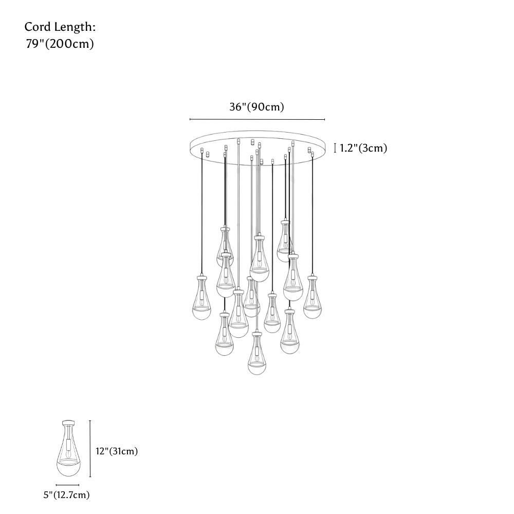 Clérachic chandelier dimension drawing, 13 Heads, every measurement marked in centimetres and inches.