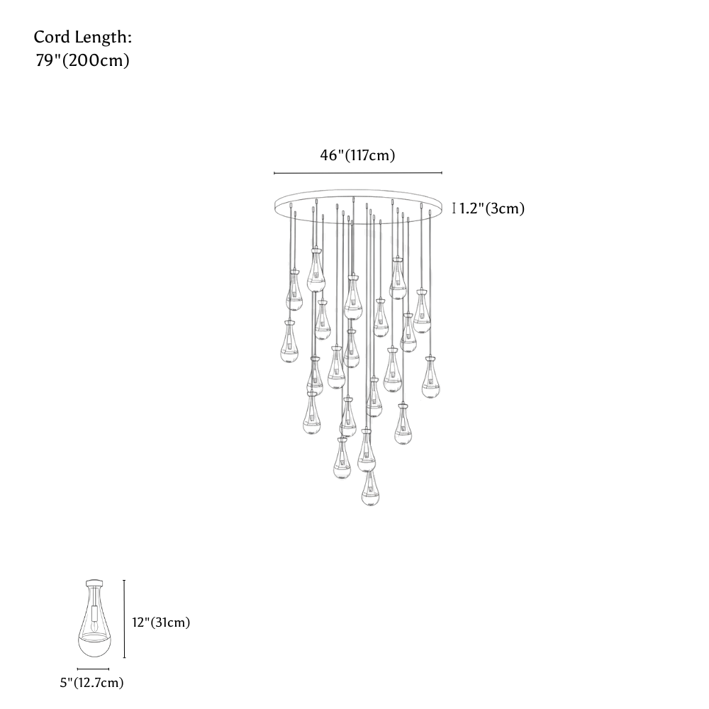 Clérachic chandelier dimension drawing, 21 Heads, every measurement marked in centimetres and inches.