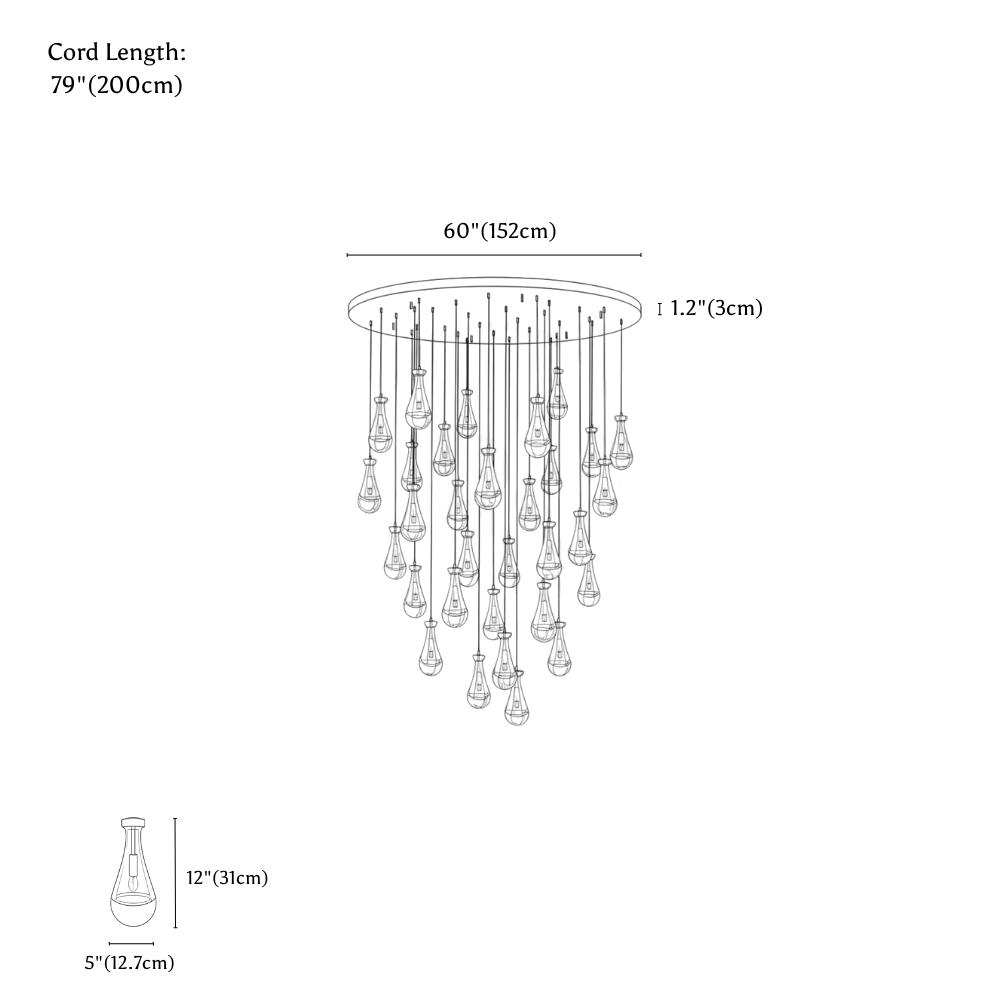 Clérachic chandelier dimension drawing, 31 Heads, every measurement marked in centimetres and inches.