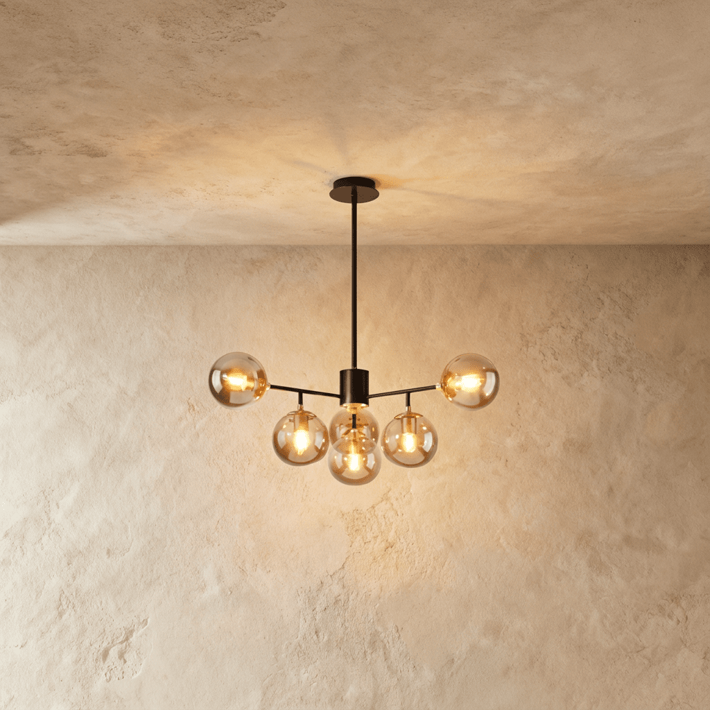 Clérachic black chandelier with 5 cognac glass globes on straight arms, lit warm, against a limewash wall.